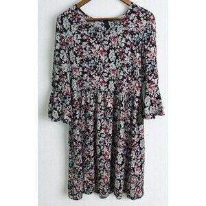 Downeast Dress Size M Floral Midi Black Red Blue White Ruffle Sleeve Modest Boho